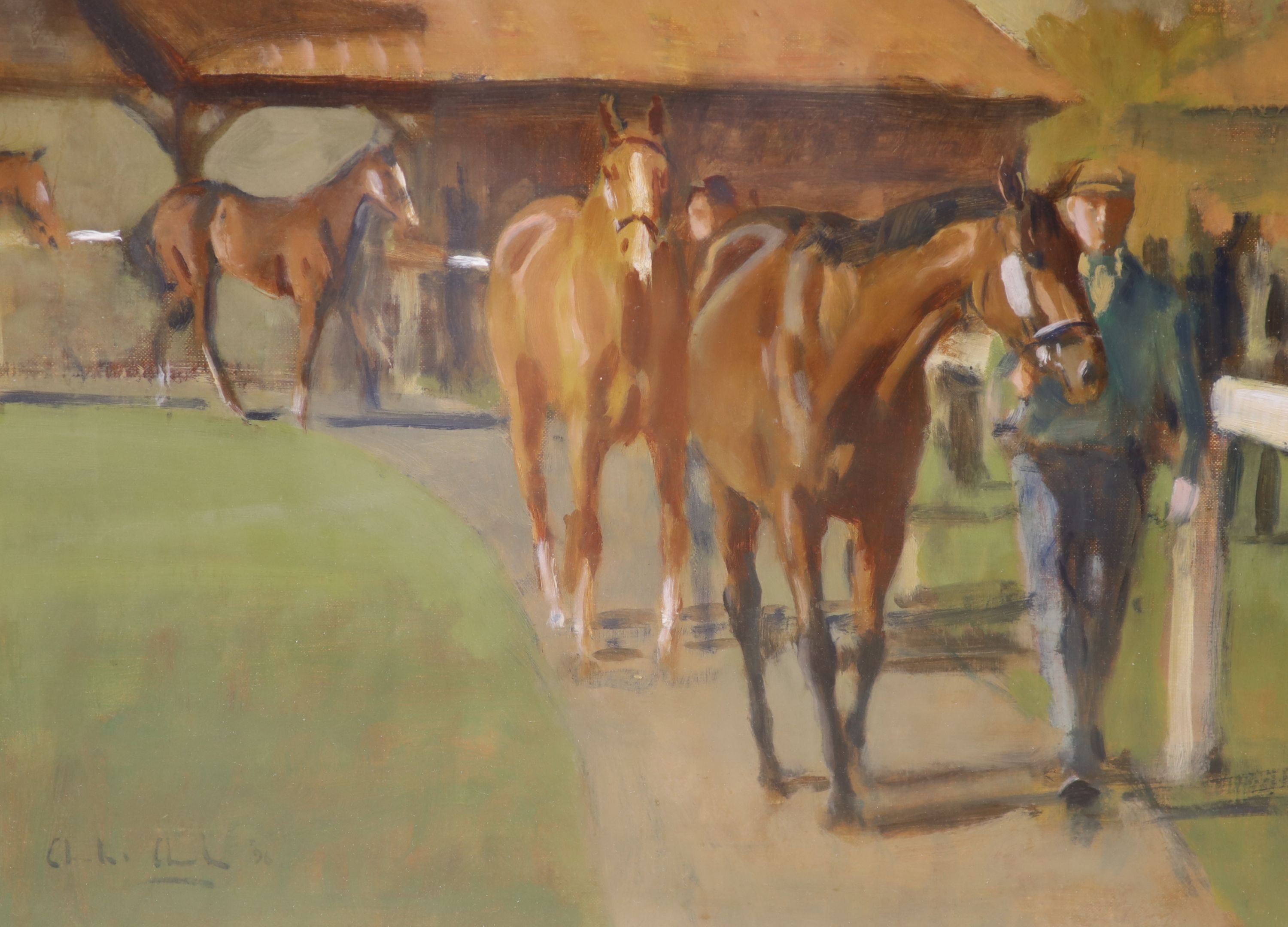 Charles Church (1970-), 'Race horses in a parade ring' and 'Race horses being led', two oils on canvas, both signed, the latter dated '95, 30 x 40cm.